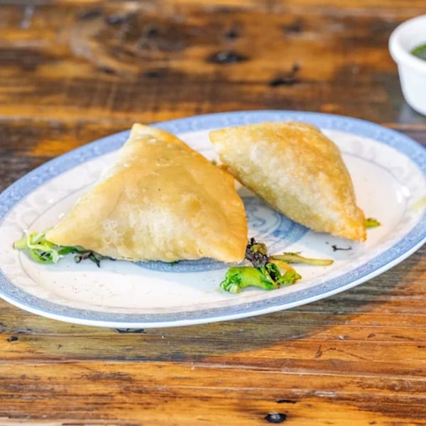 Two golden-brown samosas with green garnish on a white and blue patterned plate.